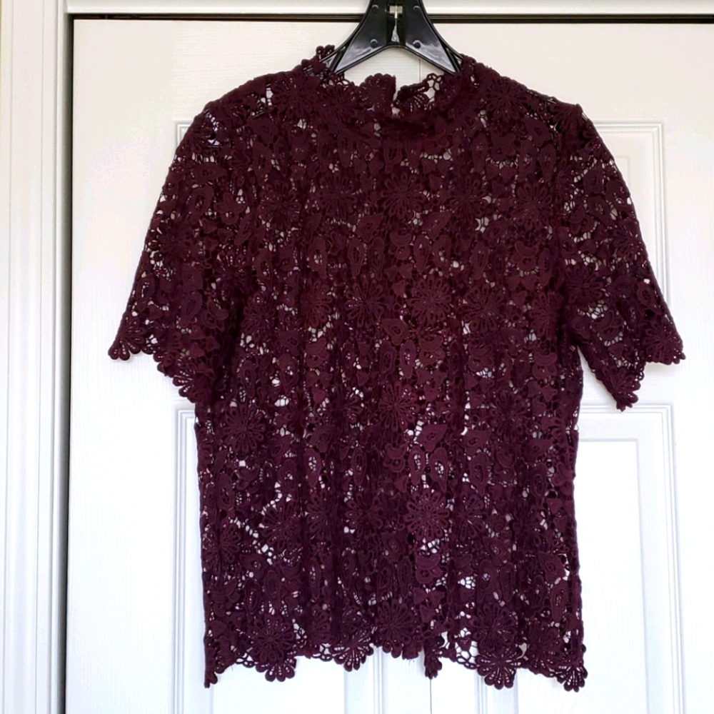 Short Sleeve Summer Halogen Burgundy Lace Blouse